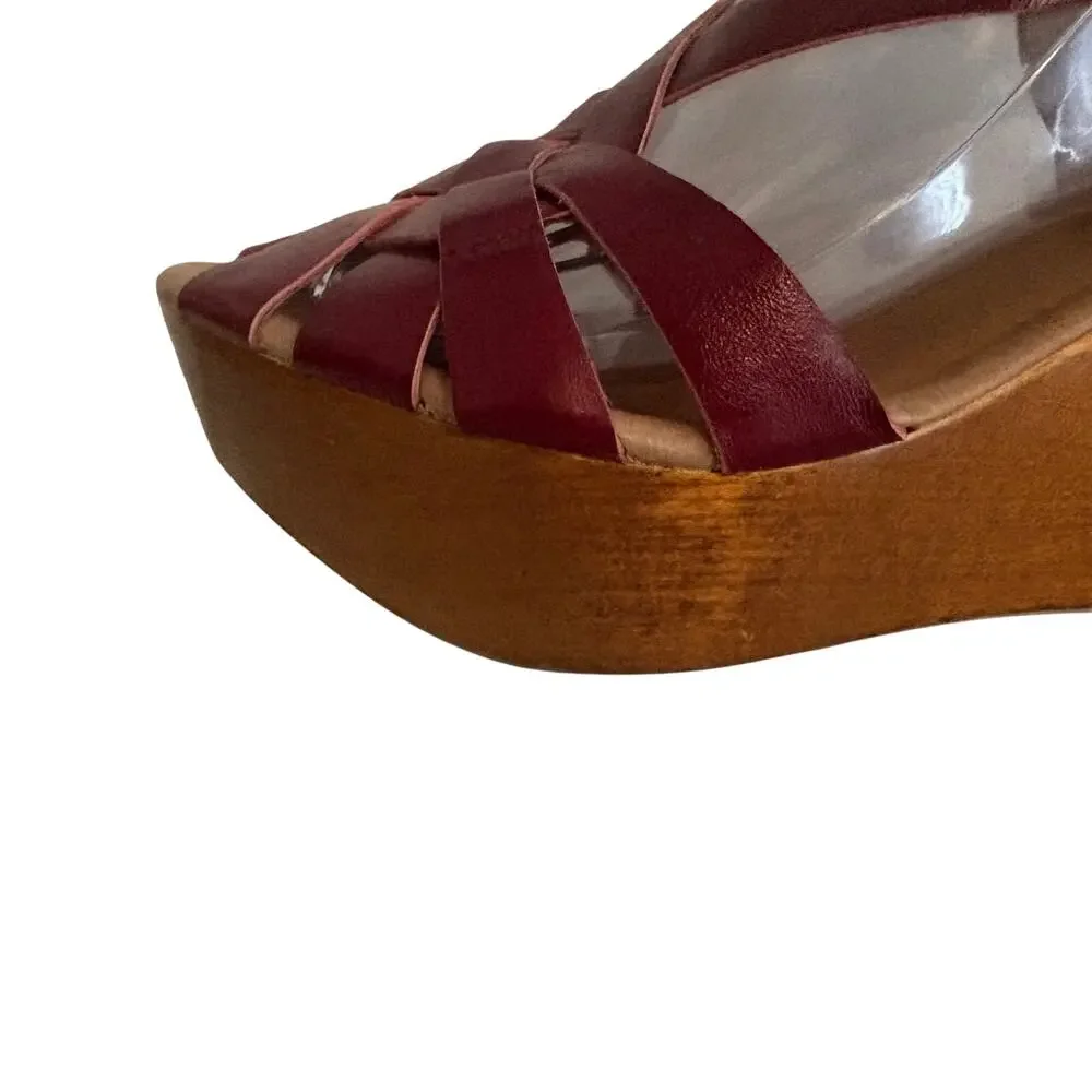 Miz Mooz Gizmo Maroon Leather Strappy Wood Wedge Slingback Sandals Basketweave